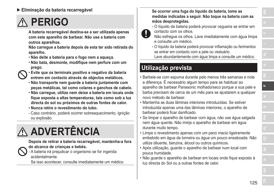Perigo, Advertência, Utilização prevista | Panasonic ESLV65 User Manual | Page 125 / 282