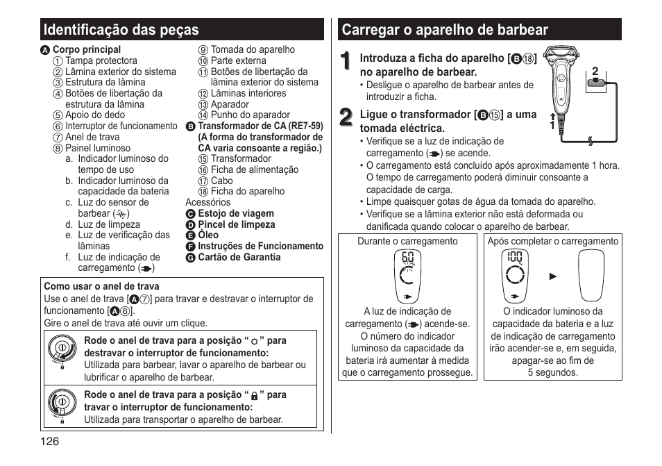 Carregar o aparelho de barbear, Identificação das peças | Panasonic ESLV65 User Manual | Page 126 / 282