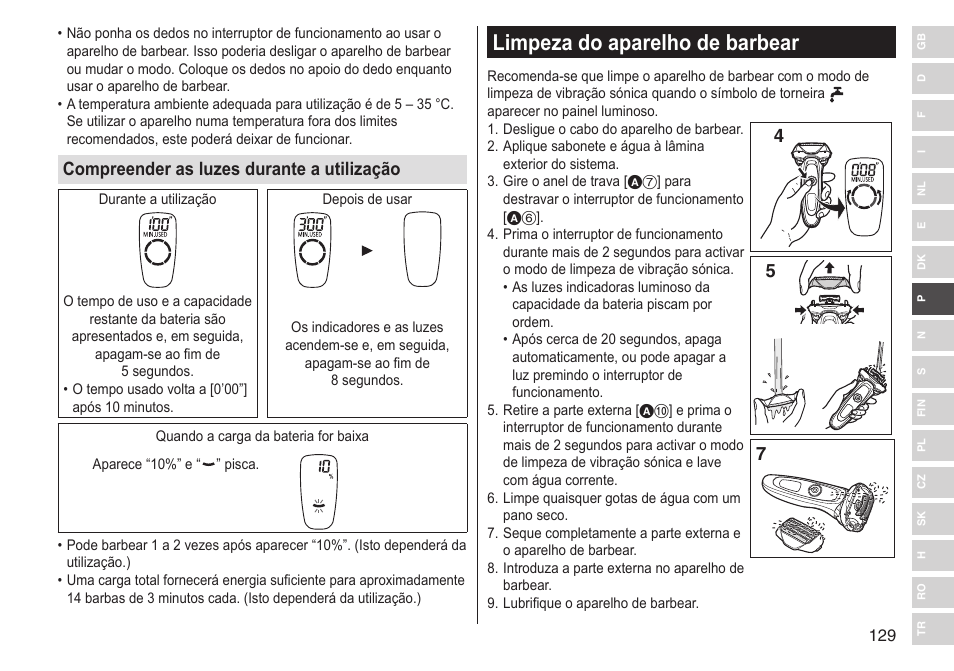 Limpeza do aparelho de barbear, Compreender as luzes durante a utilização | Panasonic ESLV65 User Manual | Page 129 / 282