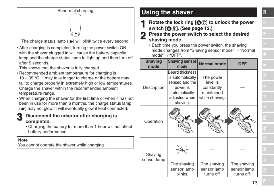 Using the shaver | Panasonic ESLV65 User Manual | Page 13 / 282