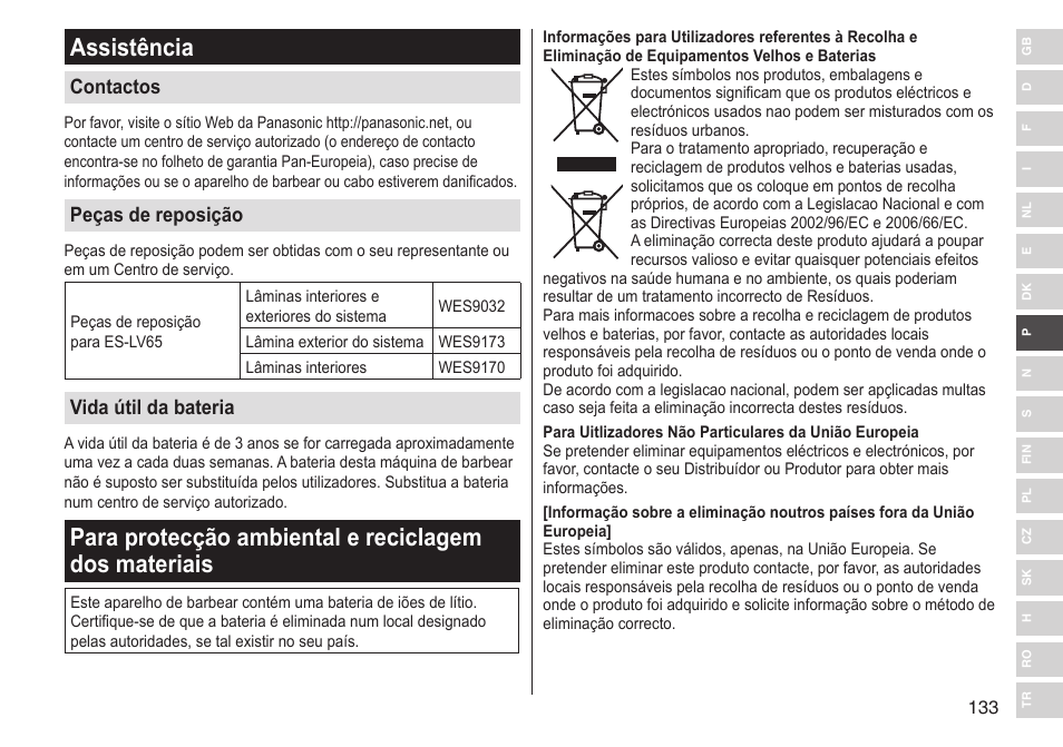 Assistência, Contactos, Peças de reposição | Vida útil da bateria | Panasonic ESLV65 User Manual | Page 133 / 282