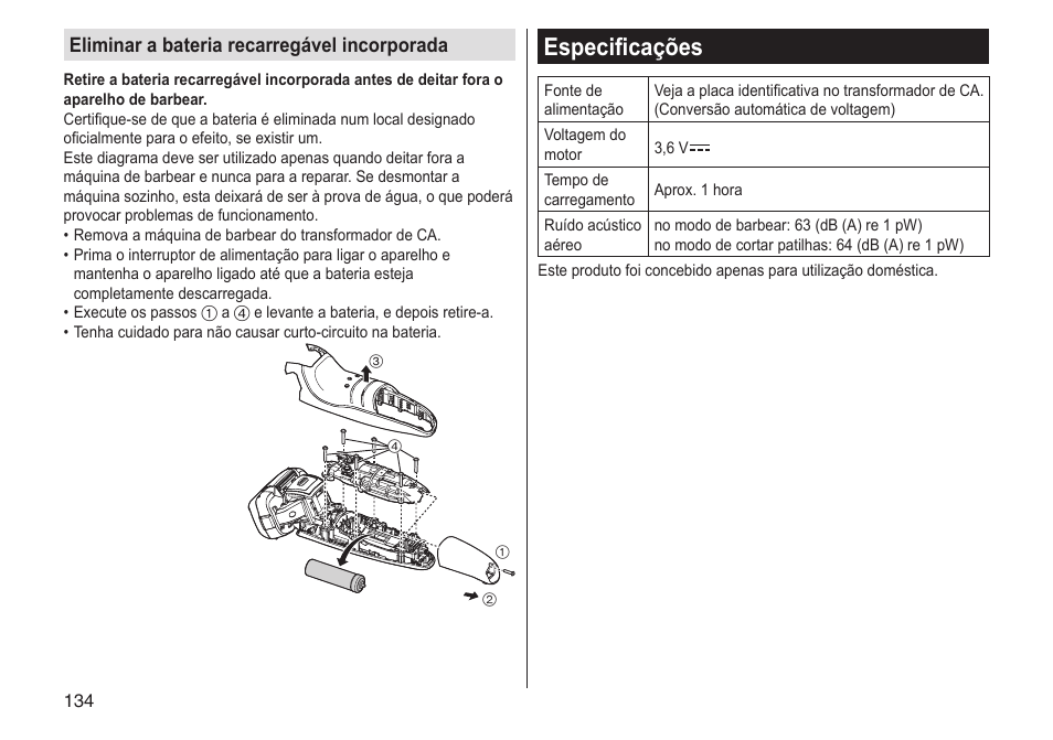 Especificações, Eliminar a bateria recarregável incorporada | Panasonic ESLV65 User Manual | Page 134 / 282