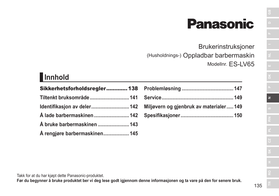 Innhold, Brukerinstruksjoner, Oppladbar barbermaskin | Es-lv65 | Panasonic ESLV65 User Manual | Page 135 / 282