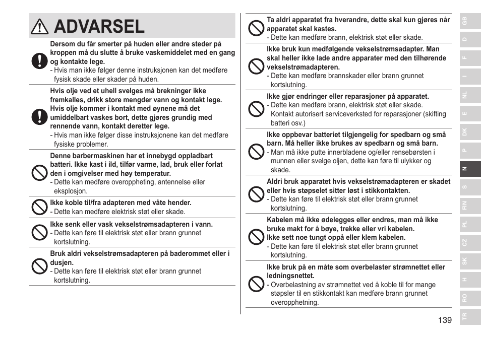 Advarsel | Panasonic ESLV65 User Manual | Page 139 / 282