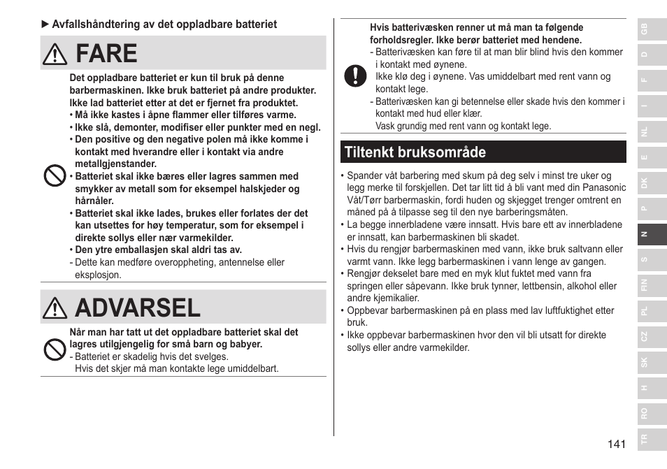 Fare, Advarsel, Tiltenkt bruksområde | Panasonic ESLV65 User Manual | Page 141 / 282
