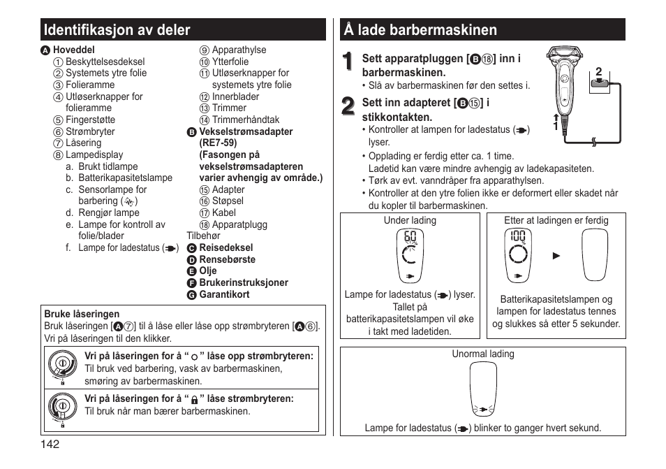 Å lade barbermaskinen, Identifikasjon av deler | Panasonic ESLV65 User Manual | Page 142 / 282