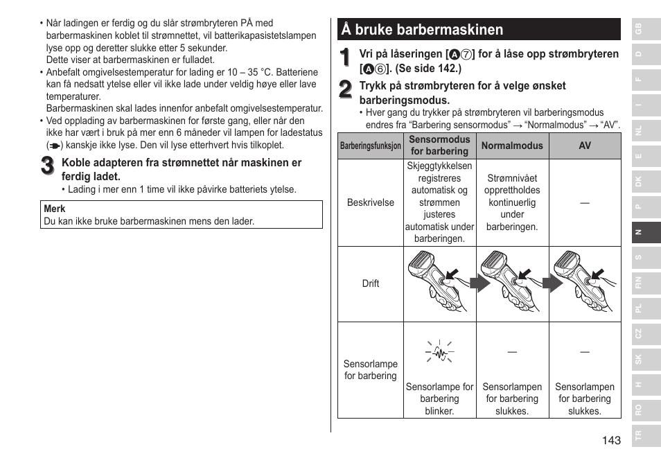 Å bruke barbermaskinen | Panasonic ESLV65 User Manual | Page 143 / 282