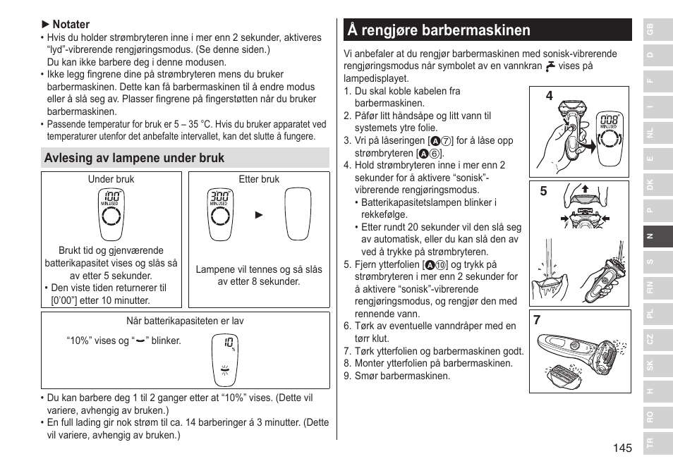 Å rengjøre barbermaskinen, Avlesing av lampene under bruk | Panasonic ESLV65 User Manual | Page 145 / 282