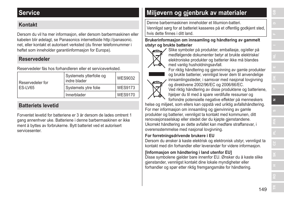 Service, Miljøvern og gjenbruk av materialer, Kontakt | Reservedeler, Batteriets levetid | Panasonic ESLV65 User Manual | Page 149 / 282