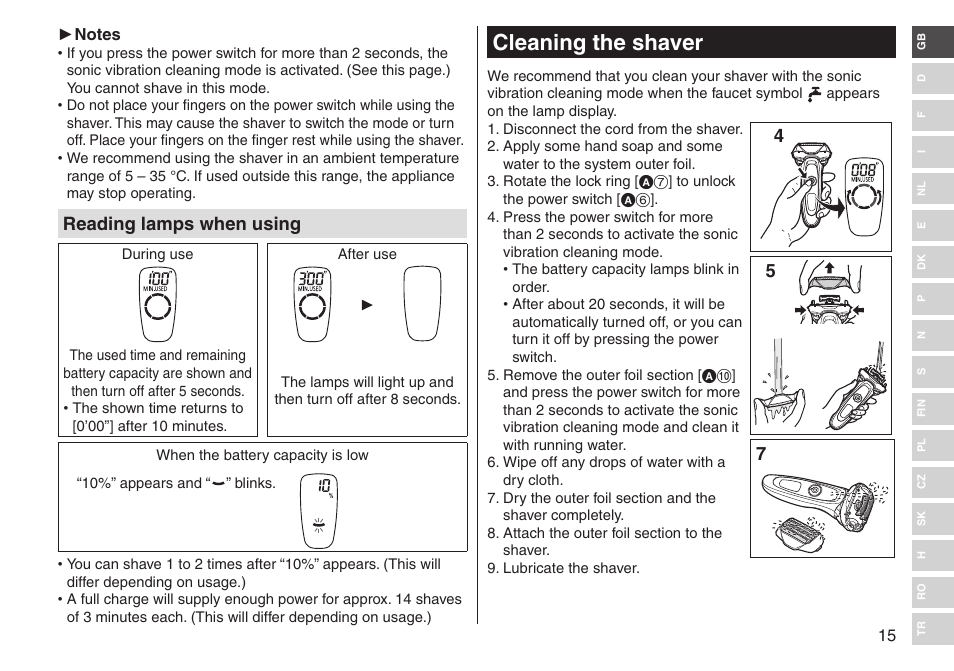 Cleaning the shaver, Reading lamps when using | Panasonic ESLV65 User Manual | Page 15 / 282