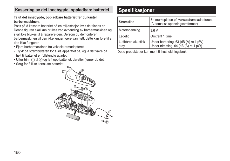 Spesifikasjoner, Kassering av det innebygde, oppladbare batteriet | Panasonic ESLV65 User Manual | Page 150 / 282