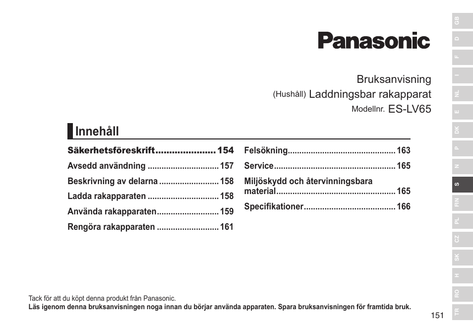 Innehåll, Bruksanvisning, Laddningsbar rakapparat | Es-lv65 | Panasonic ESLV65 User Manual | Page 151 / 282