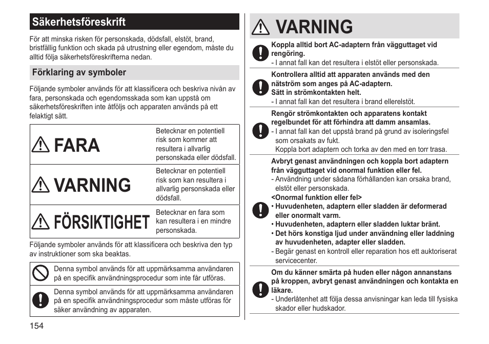 Fara, Varning, Försiktighet | Säkerhetsföreskrift | Panasonic ESLV65 User Manual | Page 154 / 282