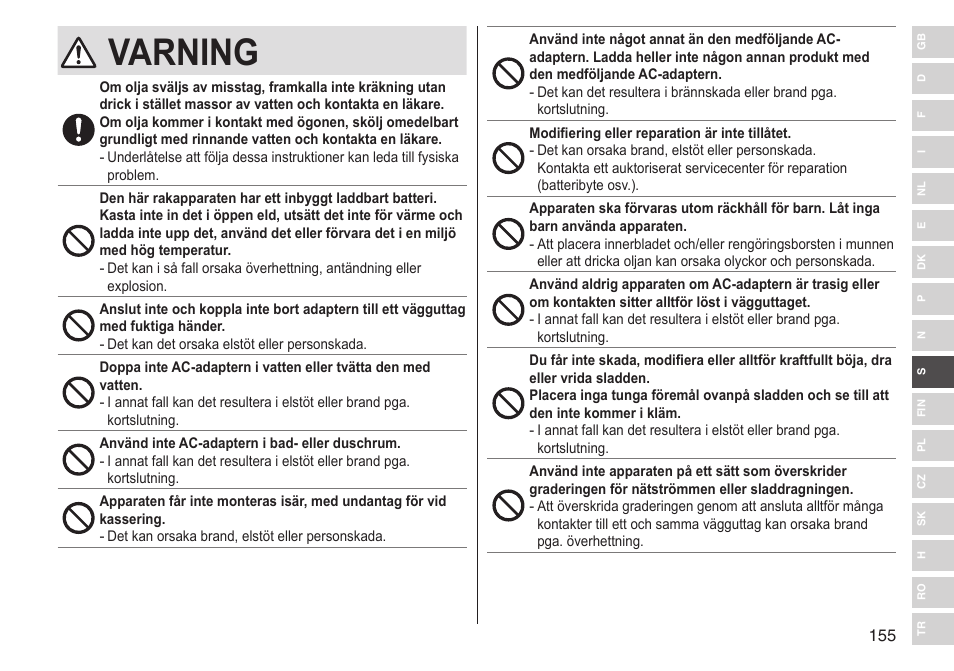 Varning | Panasonic ESLV65 User Manual | Page 155 / 282