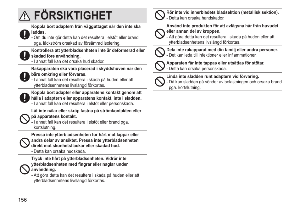 Försiktighet | Panasonic ESLV65 User Manual | Page 156 / 282