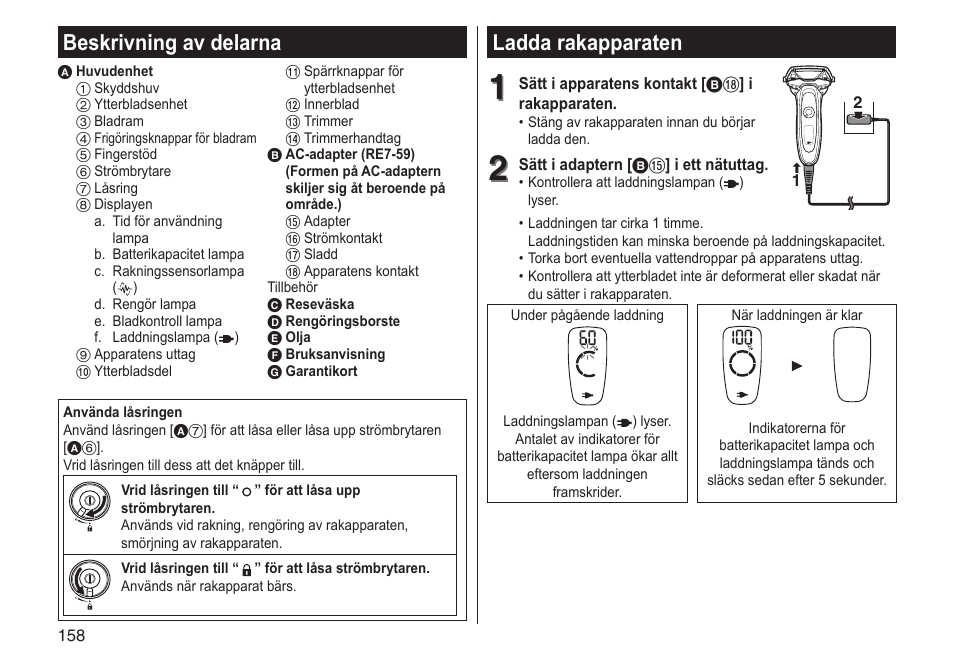 Ladda rakapparaten, Beskrivning av delarna | Panasonic ESLV65 User Manual | Page 158 / 282