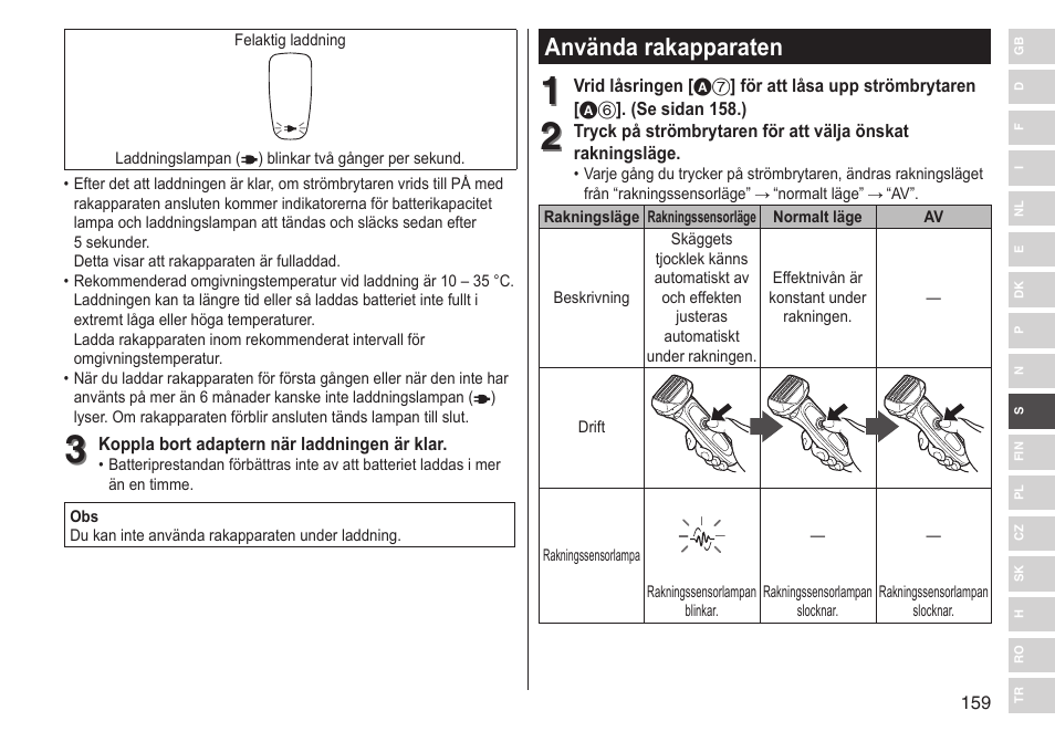 Använda rakapparaten | Panasonic ESLV65 User Manual | Page 159 / 282