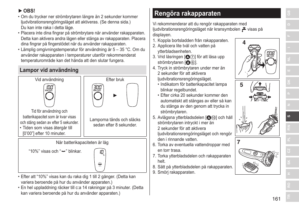Rengöra rakapparaten, Lampor vid användning | Panasonic ESLV65 User Manual | Page 161 / 282