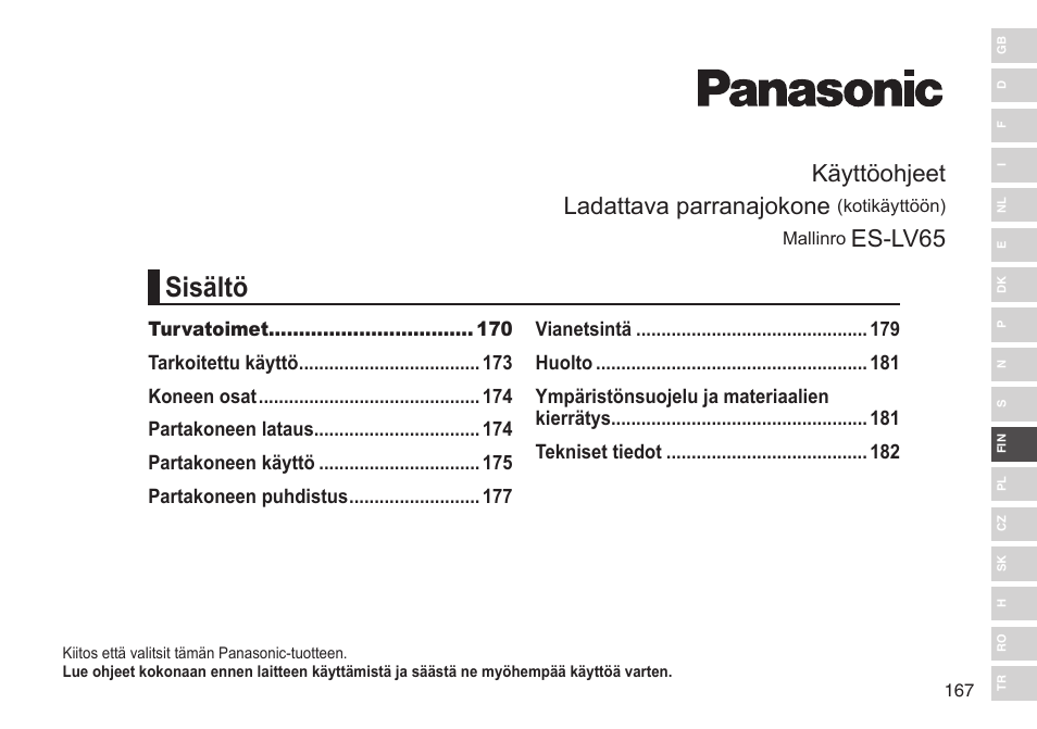 Sisältö, Käyttöohjeet ladattava parranajokone, Es-lv65 | Panasonic ESLV65 User Manual | Page 167 / 282
