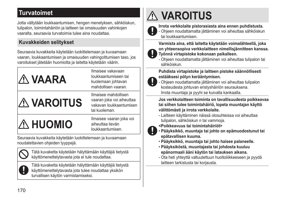 Vaara, Varoitus, Huomio | Turvatoimet | Panasonic ESLV65 User Manual | Page 170 / 282