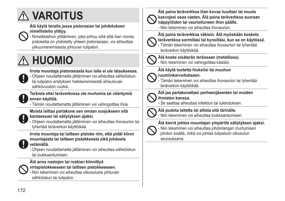 Varoitus, Huomio | Panasonic ESLV65 User Manual | Page 172 / 282