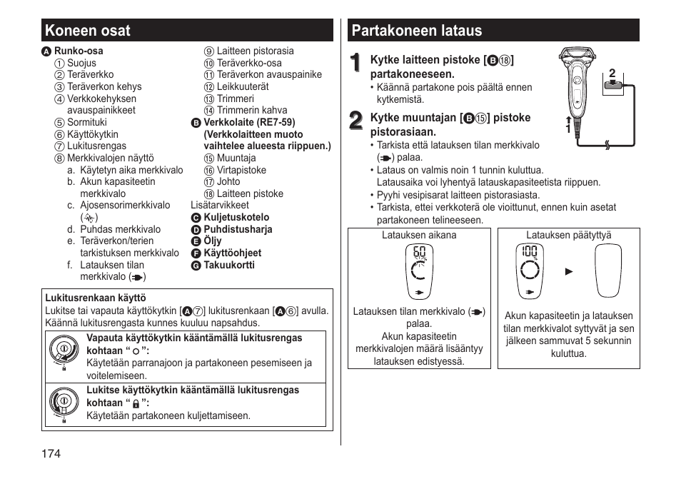 Partakoneen lataus, Koneen osat | Panasonic ESLV65 User Manual | Page 174 / 282
