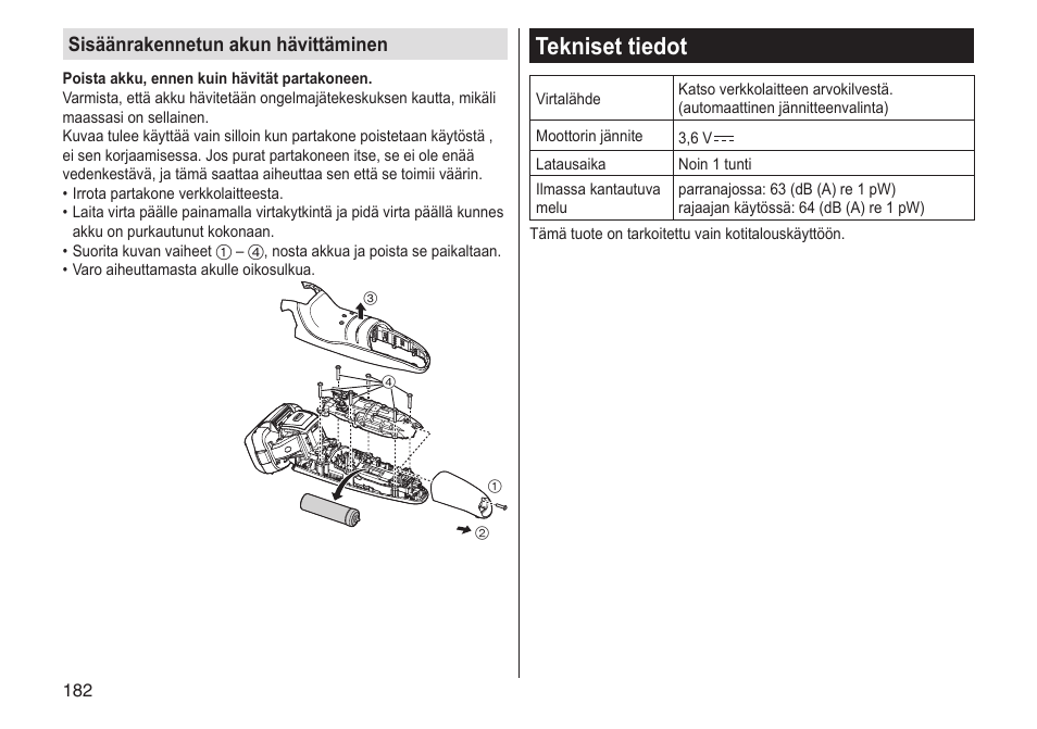 Tekniset tiedot, Sisäänrakennetun akun hävittäminen | Panasonic ESLV65 User Manual | Page 182 / 282