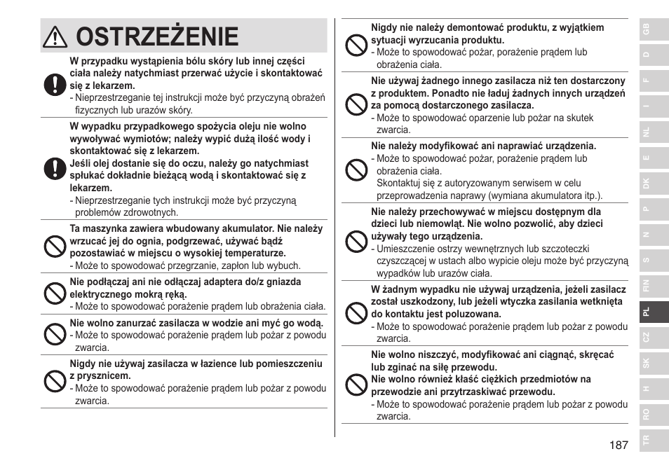 Ostrzeżenie | Panasonic ESLV65 User Manual | Page 187 / 282