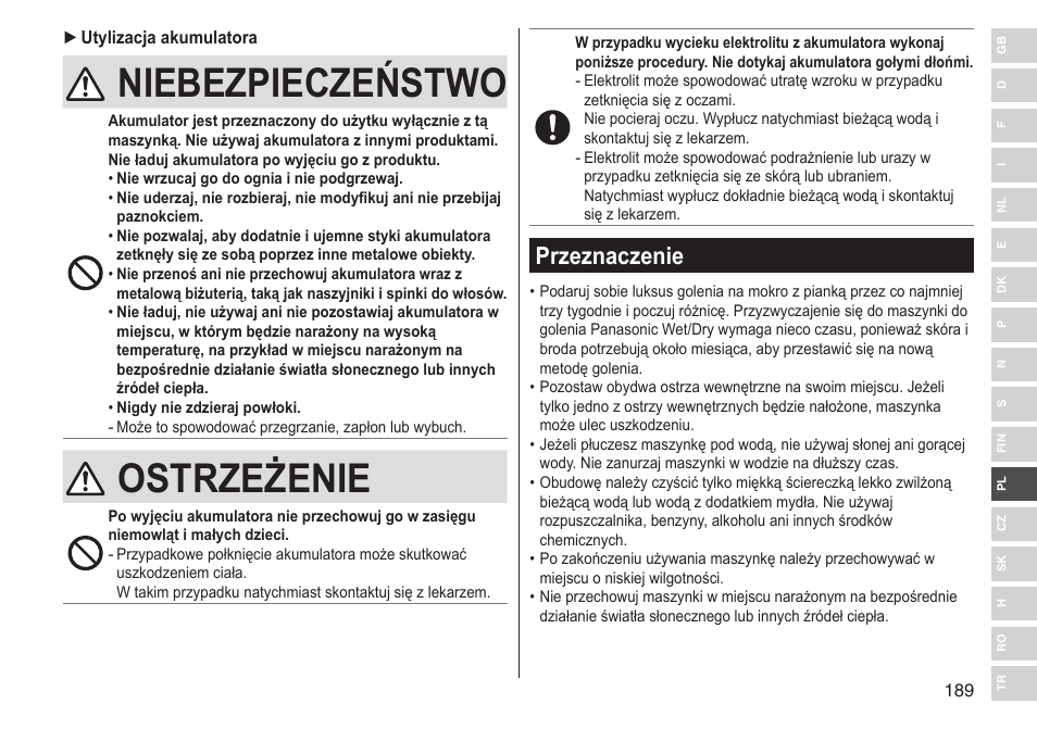 Niebezpieczeństwo, Ostrzeżenie, Przeznaczenie | Panasonic ESLV65 User Manual | Page 189 / 282