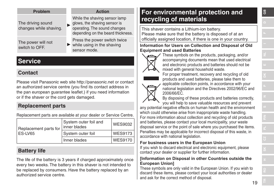 Service, Contact, Replacement parts | Battery life | Panasonic ESLV65 User Manual | Page 19 / 282