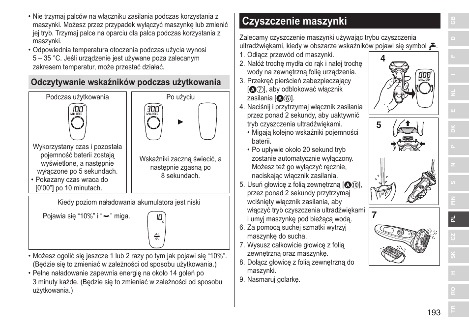 Czyszczenie maszynki, Odczytywanie wskaźników podczas użytkowania | Panasonic ESLV65 User Manual | Page 193 / 282