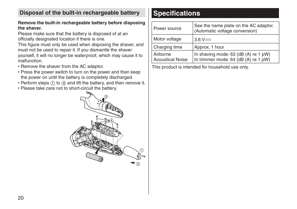 Specifications, Disposal of the built-in rechargeable battery | Panasonic ESLV65 User Manual | Page 20 / 282