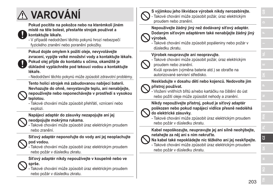 Varování | Panasonic ESLV65 User Manual | Page 203 / 282