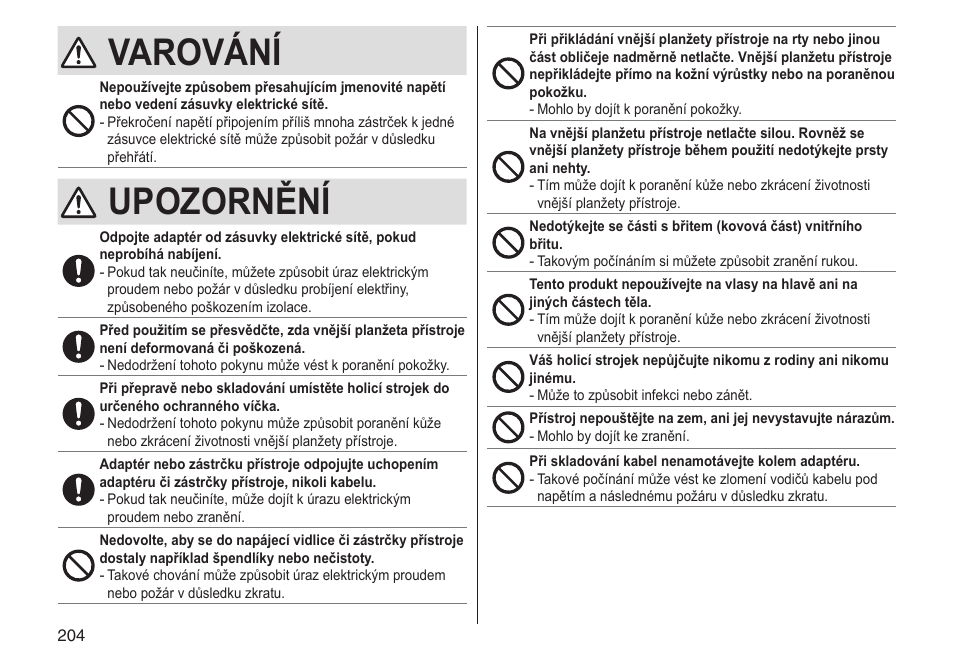 Varování, Upozornění | Panasonic ESLV65 User Manual | Page 204 / 282