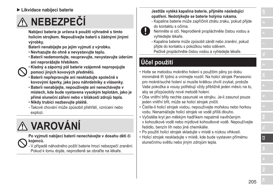 Nebezpečí, Varování, Účel použití | Panasonic ESLV65 User Manual | Page 205 / 282