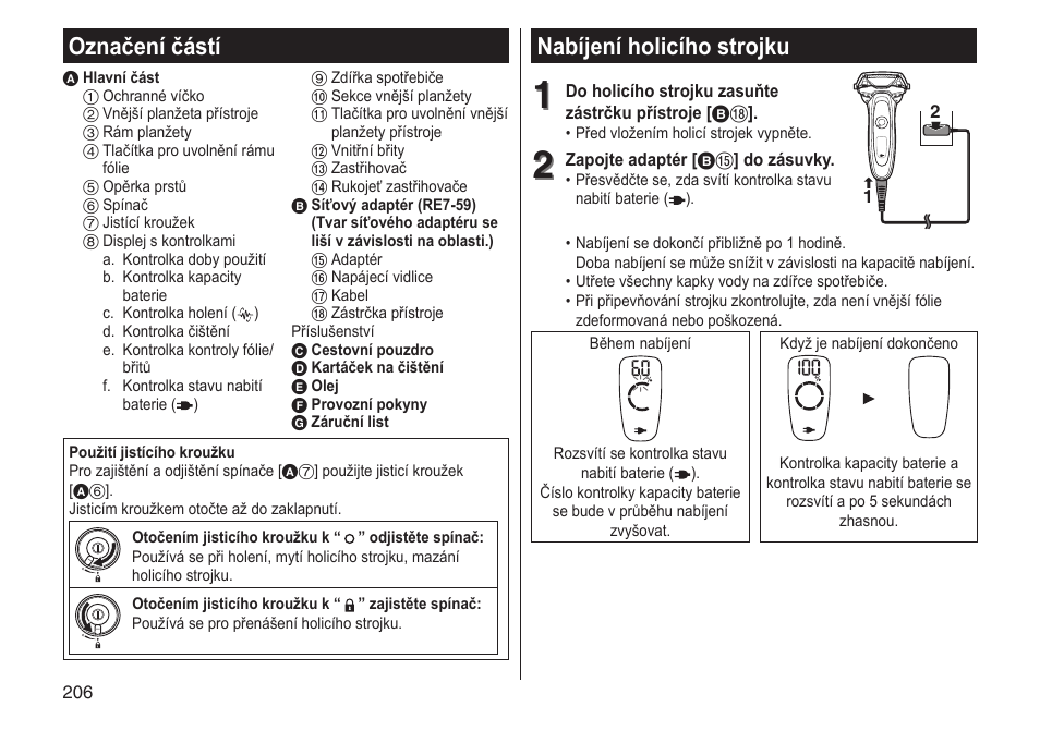 Nabíjení holicího strojku, Označení částí | Panasonic ESLV65 User Manual | Page 206 / 282