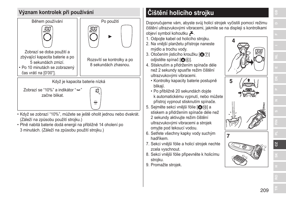 Čištění holicího strojku, Význam kontrolek při používání | Panasonic ESLV65 User Manual | Page 209 / 282