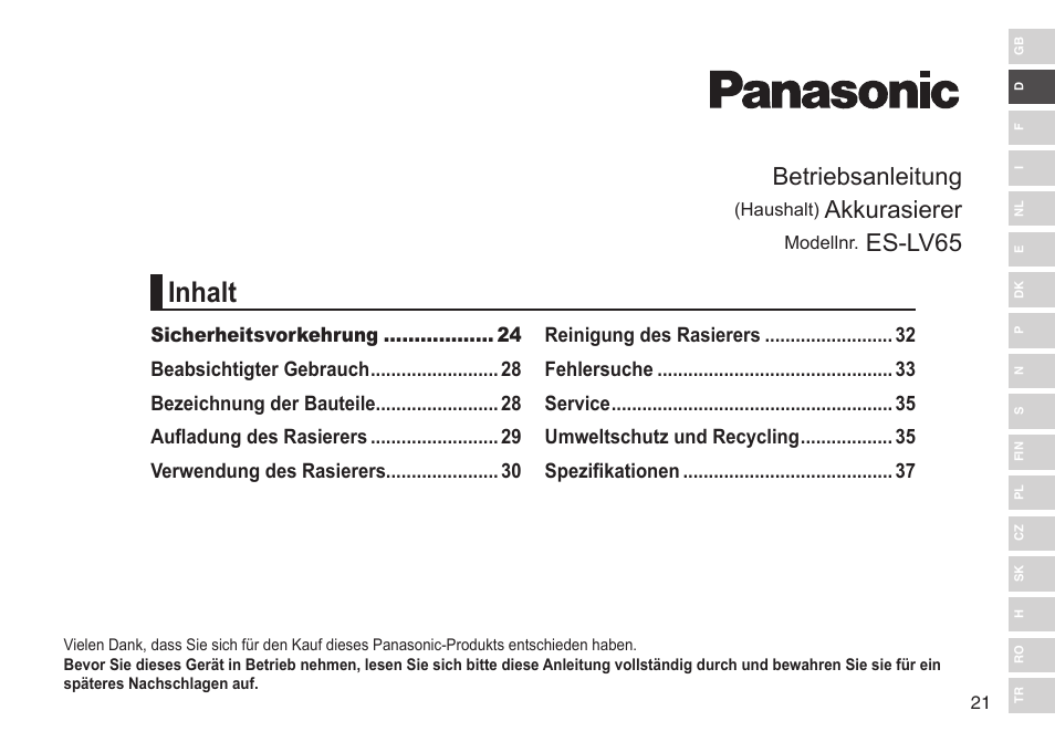 Inhalt, Betriebsanleitung, Akkurasierer | Es-lv65 | Panasonic ESLV65 User Manual | Page 21 / 282