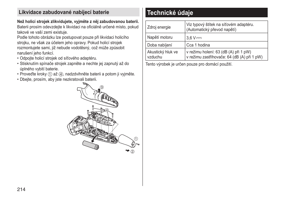 Technické údaje, Likvidace zabudované nabíjecí baterie | Panasonic ESLV65 User Manual | Page 214 / 282