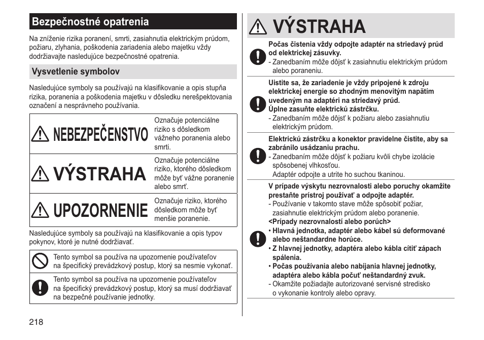 Nebezpečenstvo, Výstraha, Upozornenie | Bezpečnostné opatrenia | Panasonic ESLV65 User Manual | Page 218 / 282