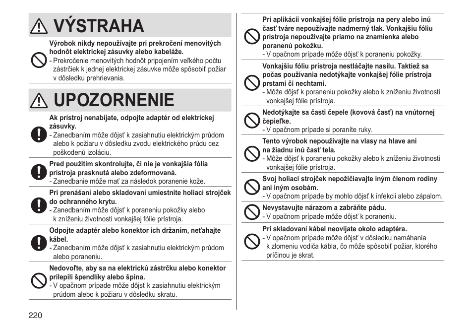 Výstraha, Upozornenie | Panasonic ESLV65 User Manual | Page 220 / 282