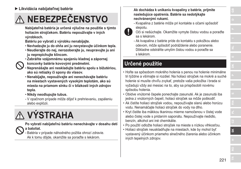 Nebezpečenstvo, Výstraha, Určené použitie | Panasonic ESLV65 User Manual | Page 221 / 282