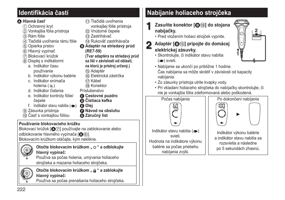 Nabíjanie holiaceho strojčeka, Identifikácia častí | Panasonic ESLV65 User Manual | Page 222 / 282