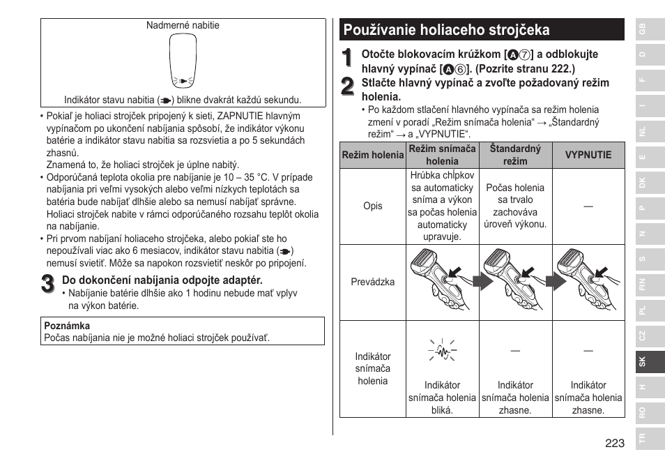 Používanie holiaceho strojčeka | Panasonic ESLV65 User Manual | Page 223 / 282