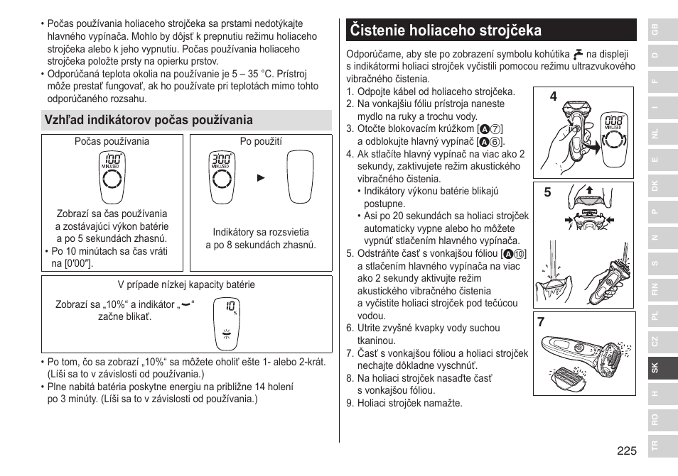 Čistenie holiaceho strojčeka, Vzhľad indikátorov počas používania | Panasonic ESLV65 User Manual | Page 225 / 282