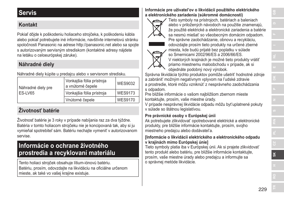 Servis, Kontakt, Náhradné diely | Životnosť batérie | Panasonic ESLV65 User Manual | Page 229 / 282