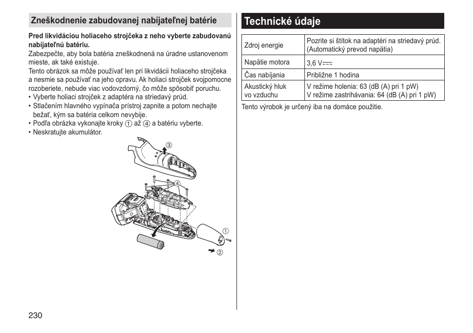 Technické údaje, Zneškodnenie zabudovanej nabíjateľnej batérie | Panasonic ESLV65 User Manual | Page 230 / 282