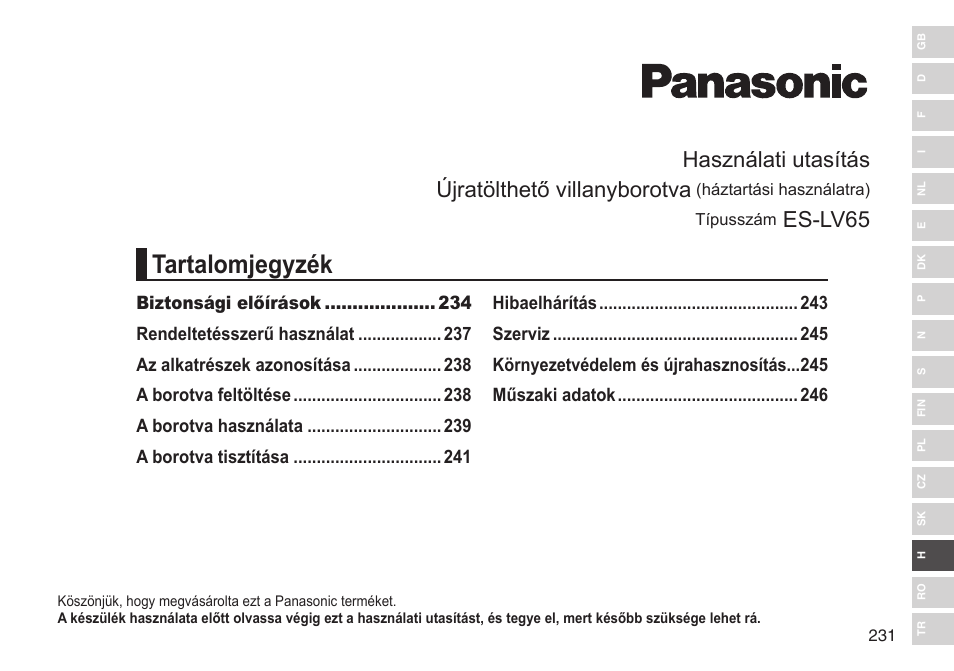 Tartalomjegyzék, Használati utasítás újratölthető villanyborotva, Es-lv65 | Panasonic ESLV65 User Manual | Page 231 / 282