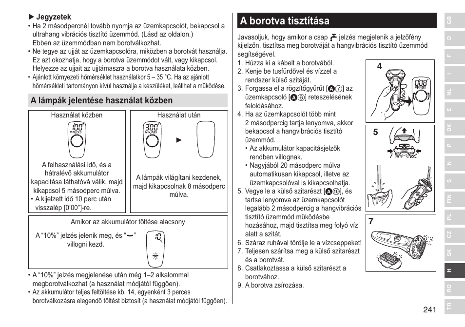 A borotva tisztítása, A lámpák jelentése használat közben | Panasonic ESLV65 User Manual | Page 241 / 282