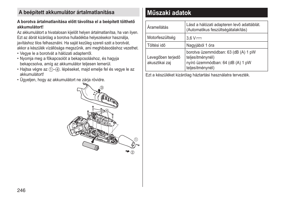 Műszaki adatok, A beépített akkumulátor ártalmatlanítása | Panasonic ESLV65 User Manual | Page 246 / 282